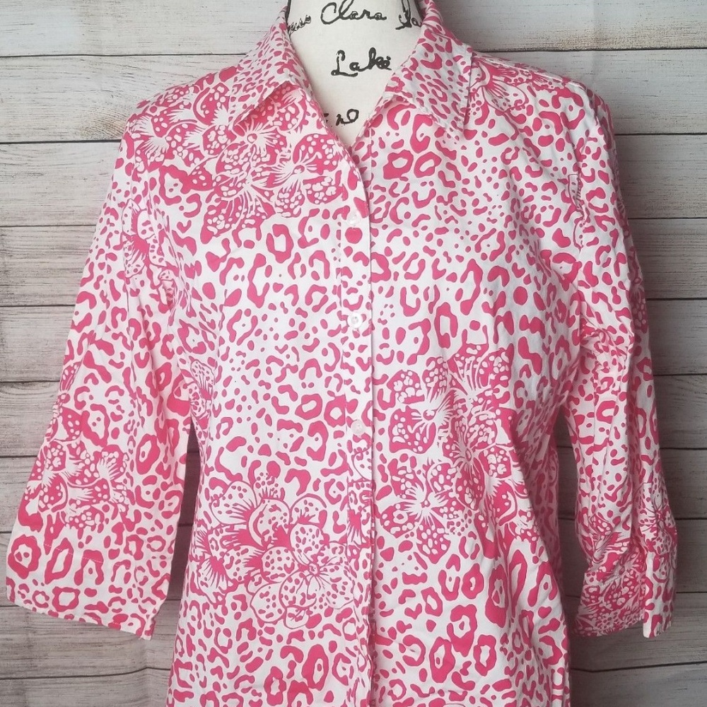 Investments Animal Print Floral Pink Blouse Sz 16